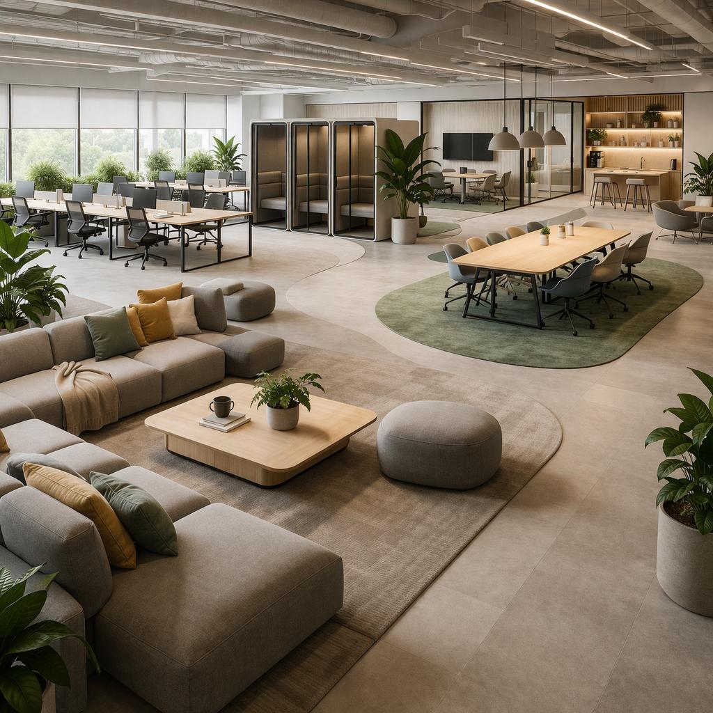 Современный офис с разными зонами — рабочие места, переговорные и зона отдыха